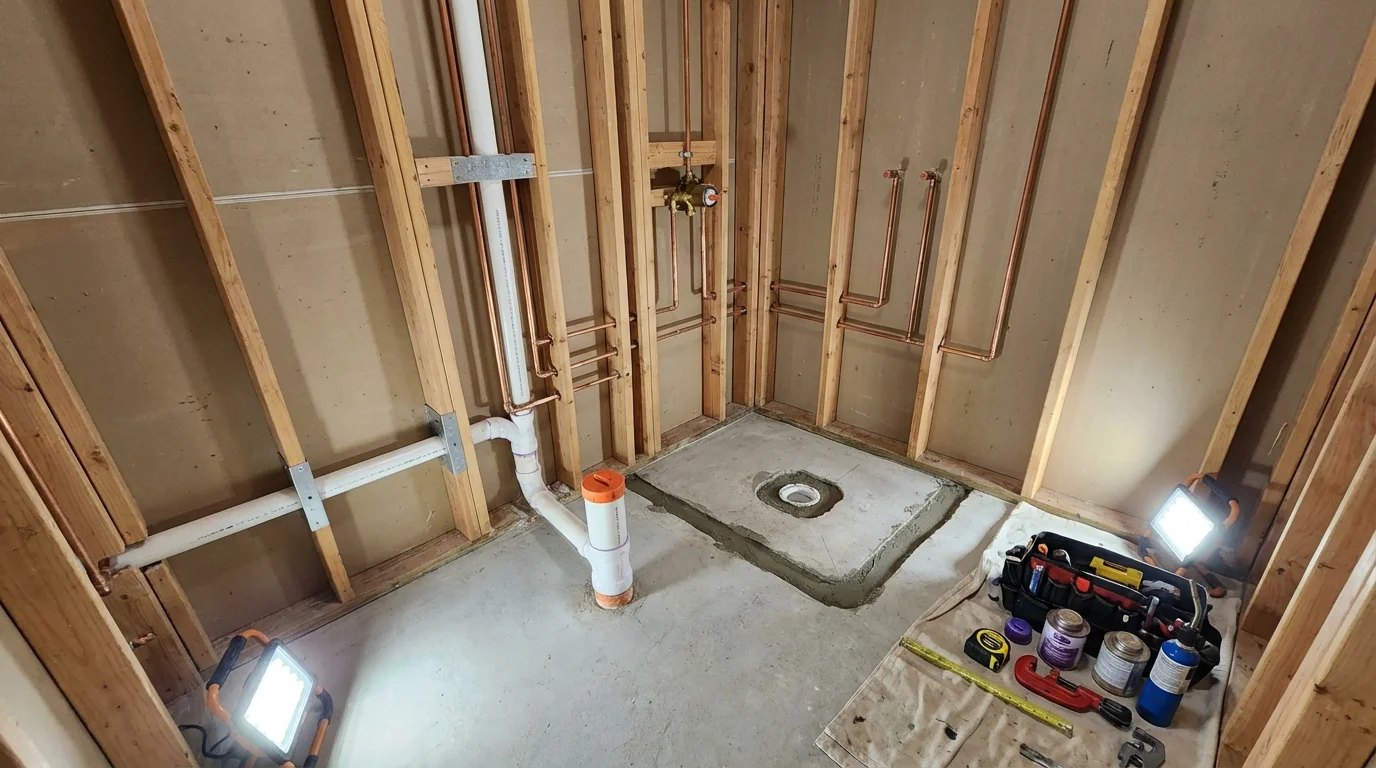 Bathroom rough-in plumbing during remodel by Johns Plumbing LLC in Breese