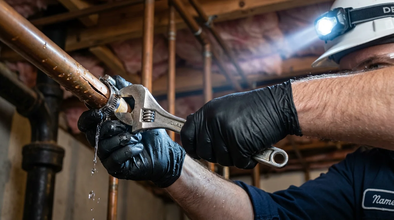 Emergency pipe clamp repair being performed by a Johns Plumbing LLC plumber in Breese