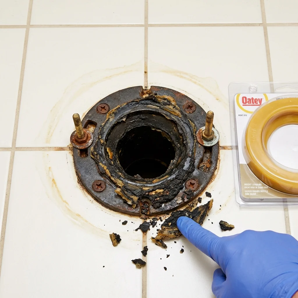 Failed wax ring showing water seepage at the base of a toilet in a Breese, IL home