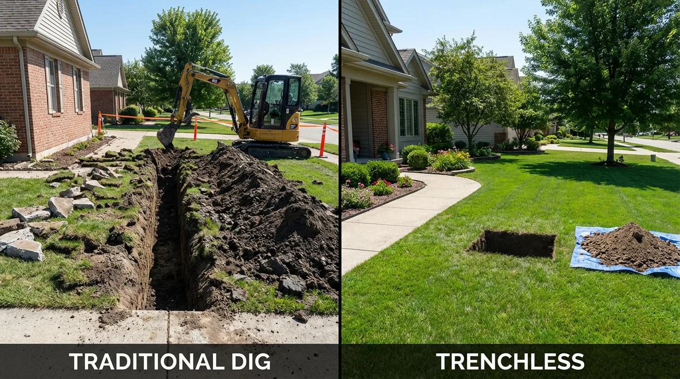 Trenchless sewer repair with minimal yard damage versus traditional excavation in Breese, IL
