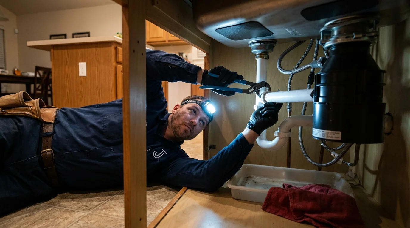 P-trap and supply line connections under a kitchen sink showing a common leak point in Breese, IL